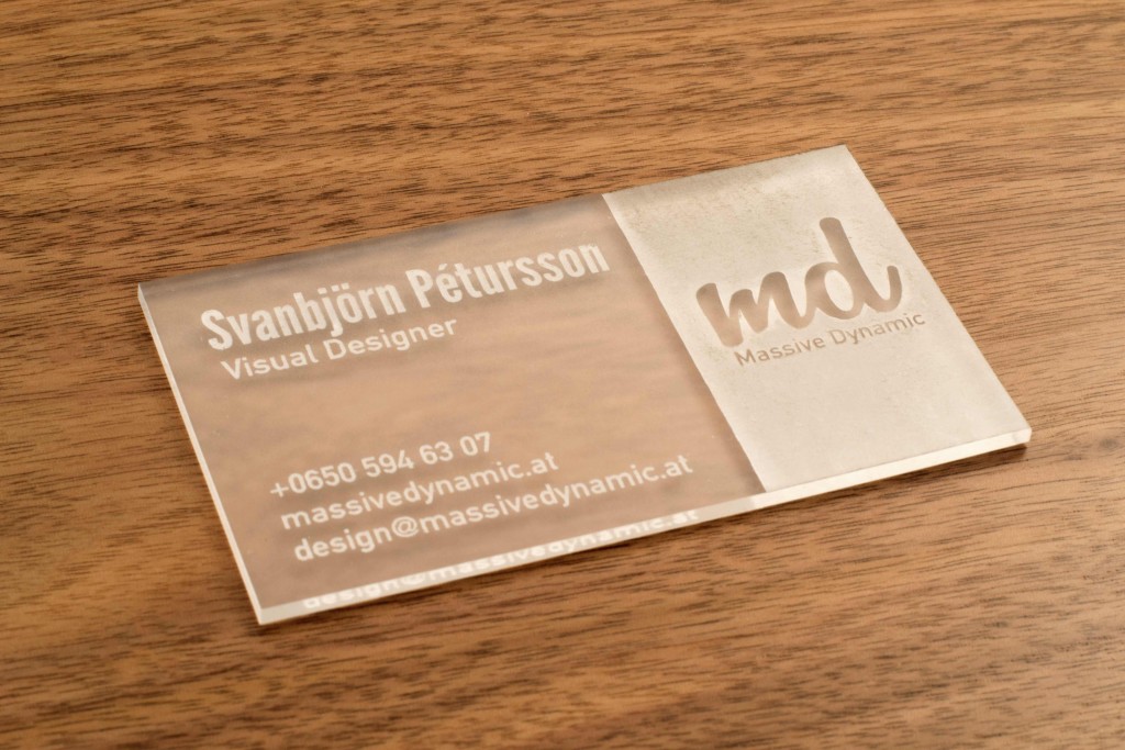 Clear acrylic with matte finish laser cut as a business card