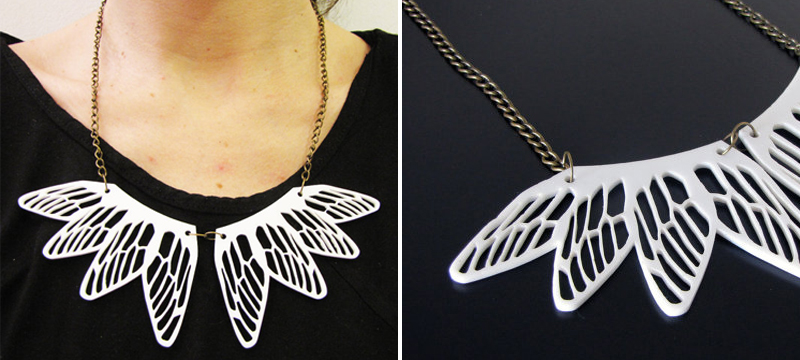 Laser cut white acrylic dragonfly necklace from BenditaIndomina