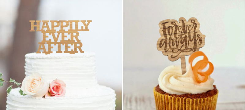 Laser cut bamboo wedding cake toppers from ElectricElmDesign