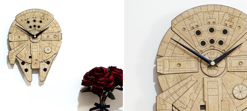 Laser cut birch Star Wars Millennium Falcon inspired wall clock from HamsterCheeksStore