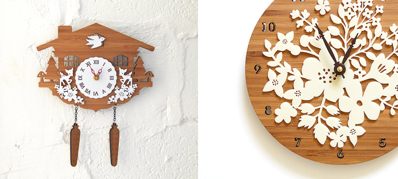 Laser cut white acrylic and bamboo clocks from decoylab