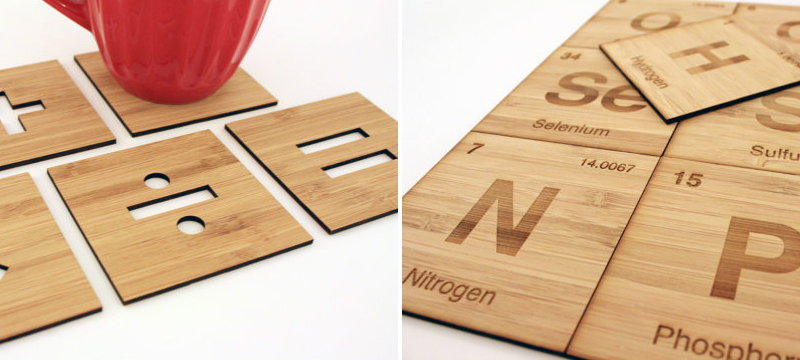 Laser cut bamboo coaster sets from GeekModish