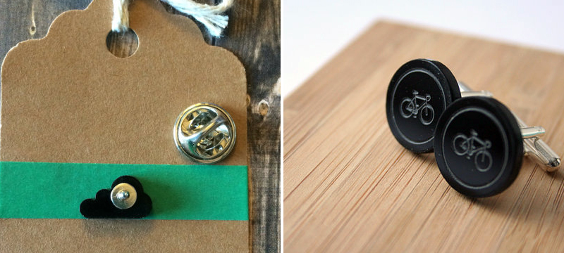 Laser cut matte black acrylic lapel pins, tie tack and cufflinks from SkullAndHawk