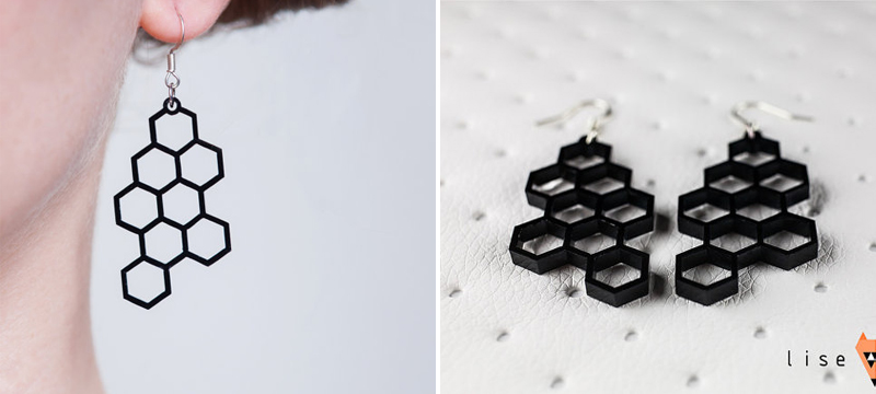 Laser cut black acrylic honeycomb earrings from liseLOVE