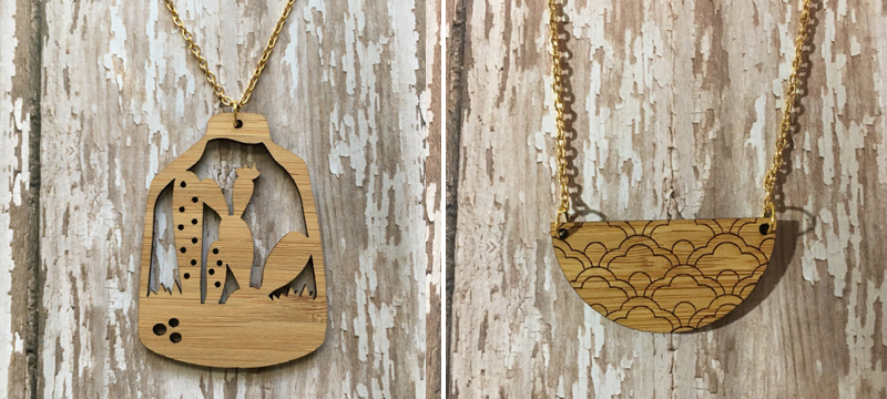 Laser cut bamboo necklaces from MGreenhalghDesigns