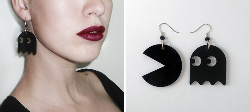 Laser cut matte black acrylic Pac-Man earrings from muchoshop