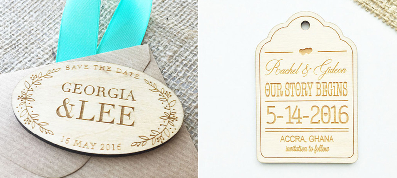 Laser cut birch wedding save-the-date invitation tags and magnets from JSLaserCraft