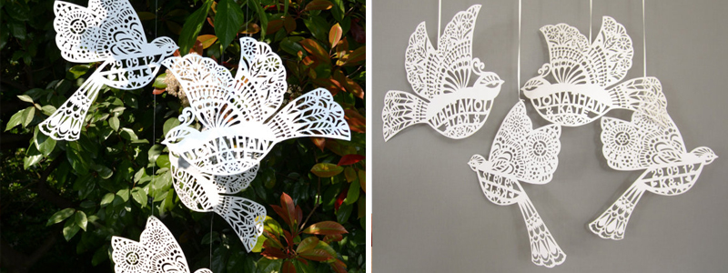 Laser cut cardstock personalized lovebirds from MayContainGlitterUK