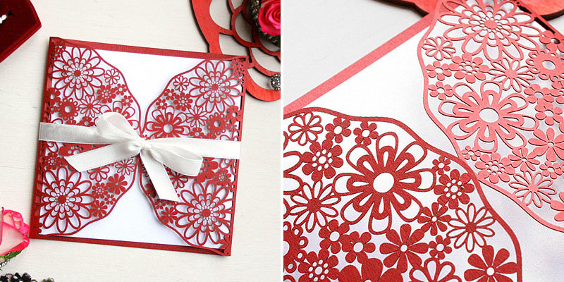 Laser Cut Red Cardstock Paper Wedding Invitation