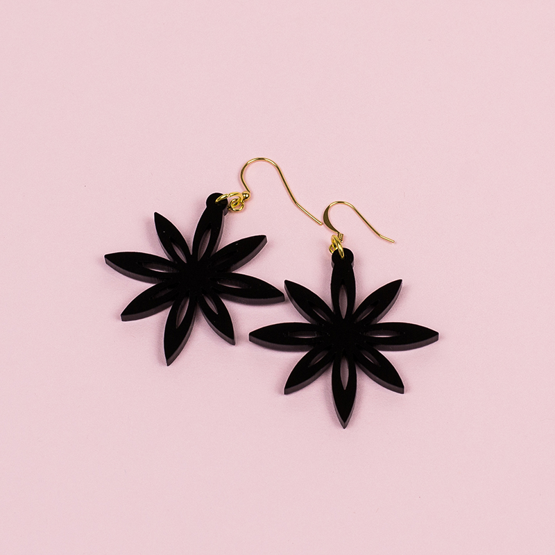Recycled Acrylic 7 - Black Floral Earrings